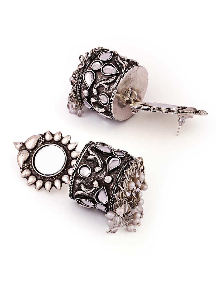 silver oxidise kundan work jhumka earrings - 21635025 - Standard Image - 2