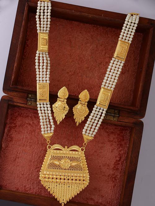 women gold plated pearl work long necklace with earrings - 21635036 -  Standard Image - 0