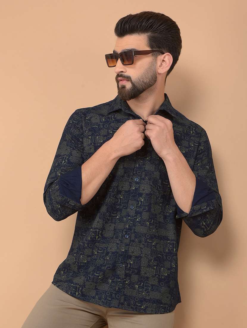 men long sleeves printed casual shirt