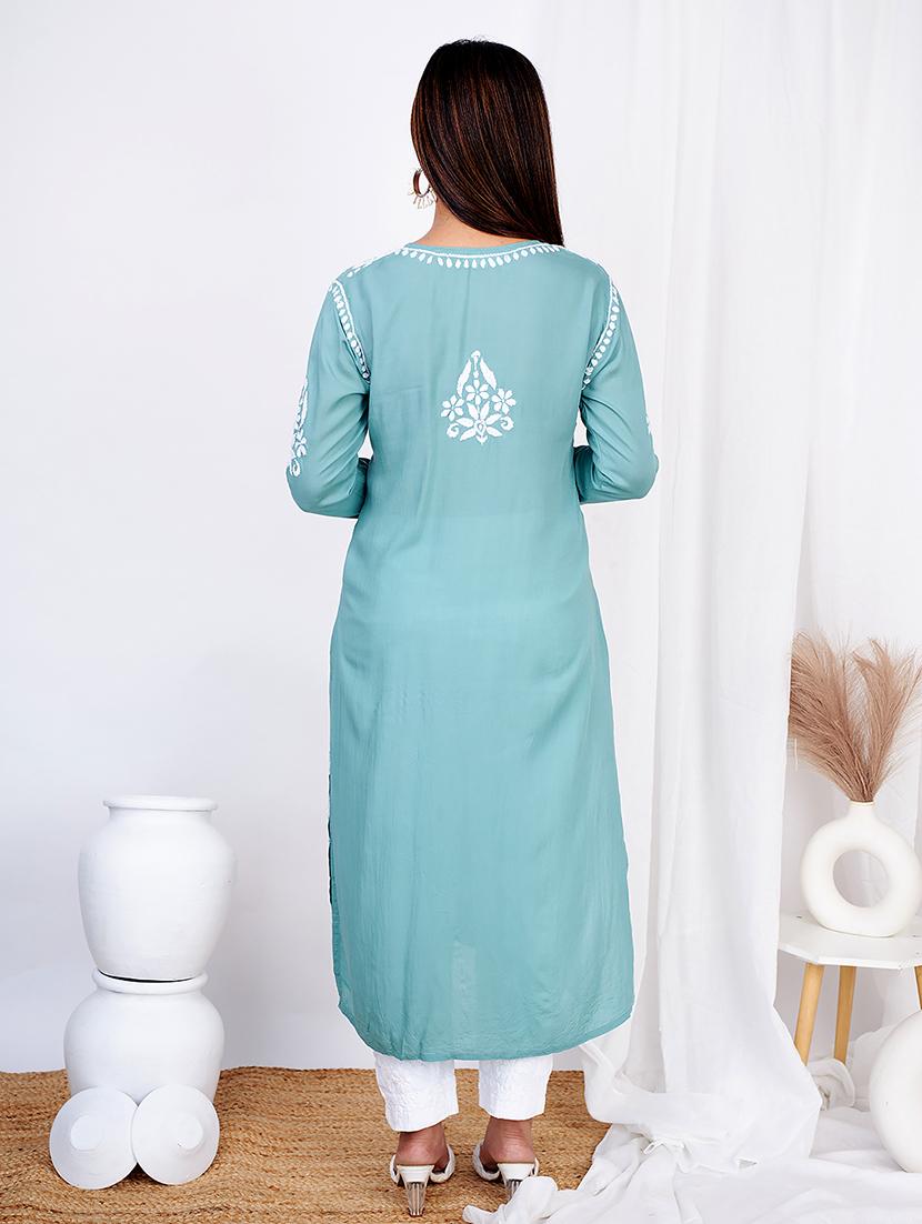 women three quarter sleeve straight chikankari kurta - 21635766 - Standard Image - 2