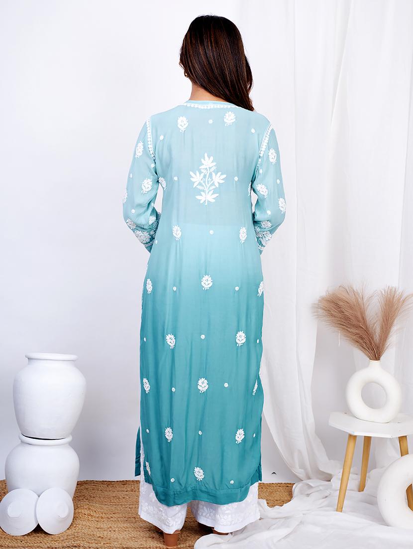 women solid with work a-line chikankari kurta - 21635775 - Standard Image - 2