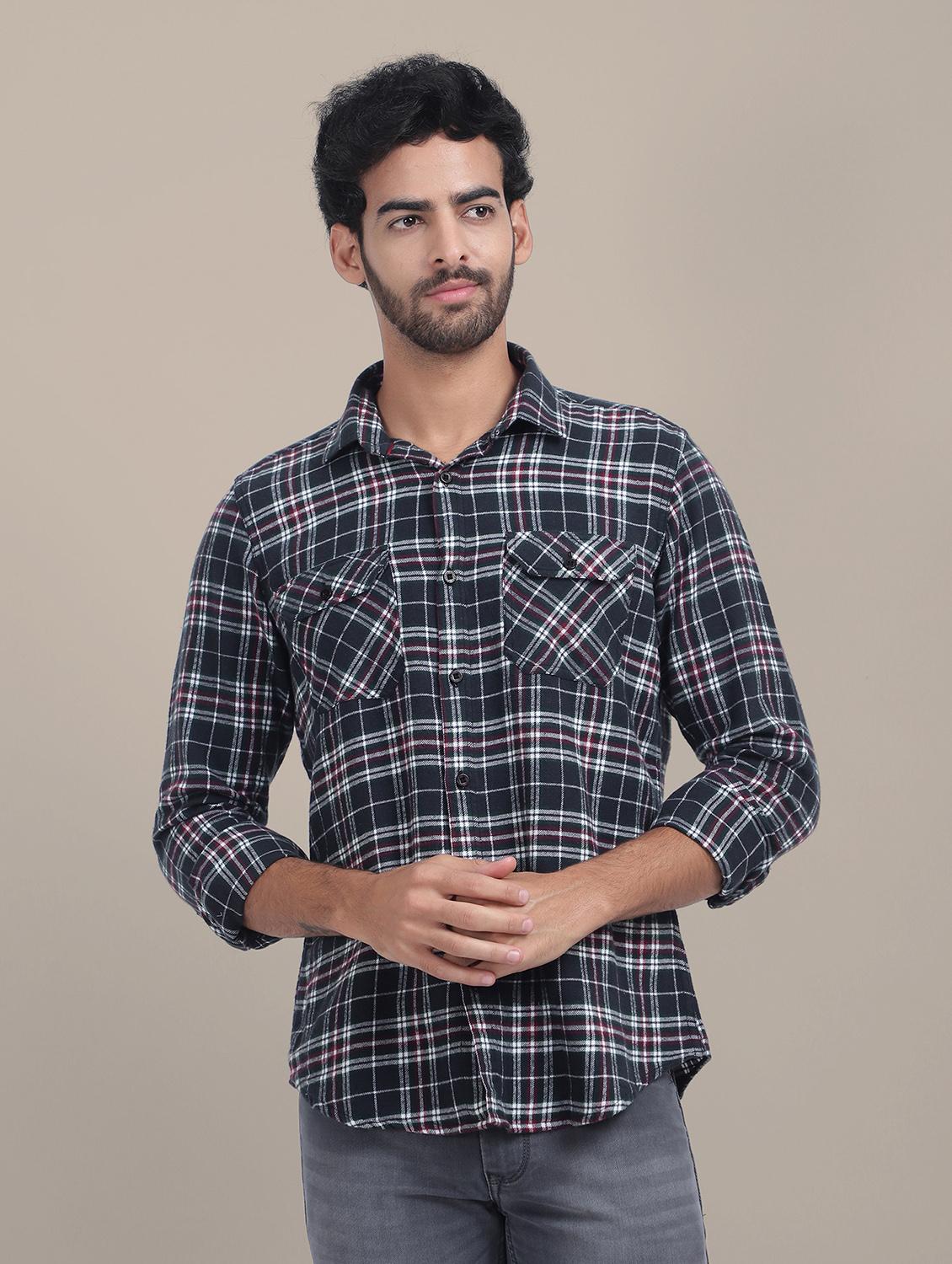 men regular fit checkered double pocket casual shirt