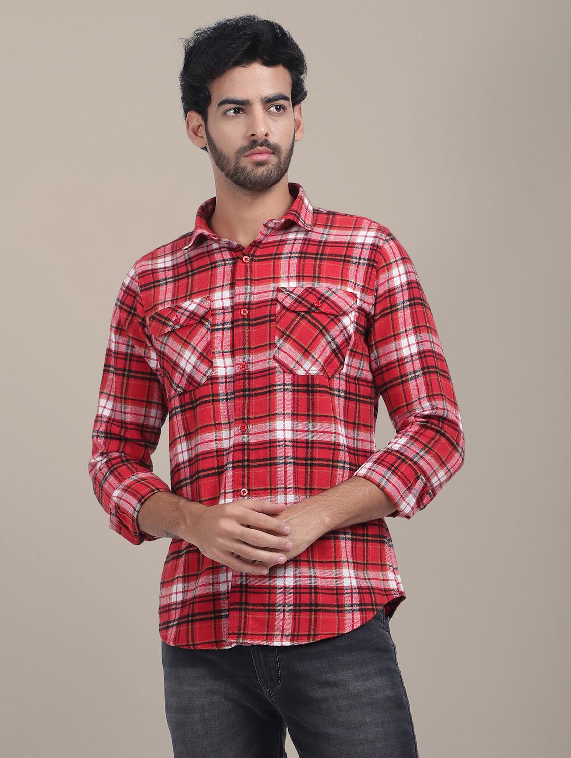 men regular fit checkered double pocket casual shirt