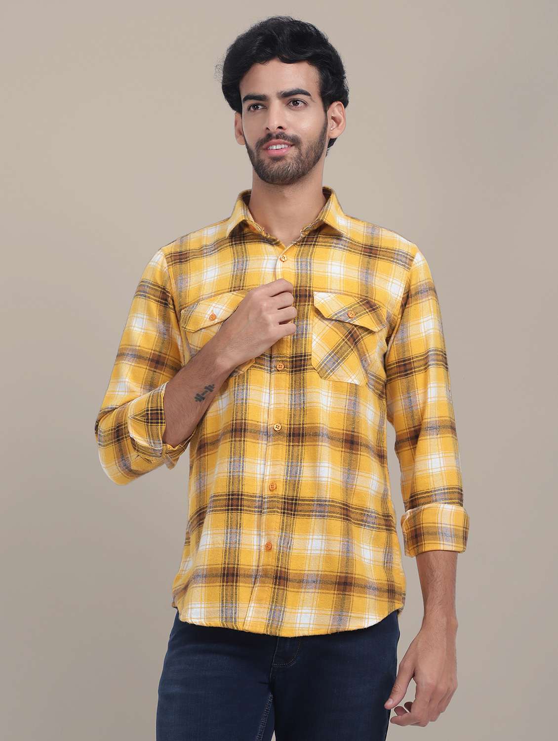 men regular fit checkered double pocket casual shirt