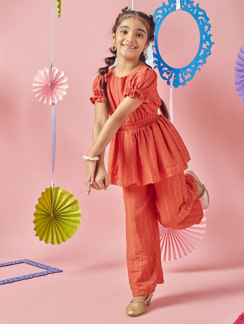 girls orange round neck full length sets - 21636521 - Standard Image - 2