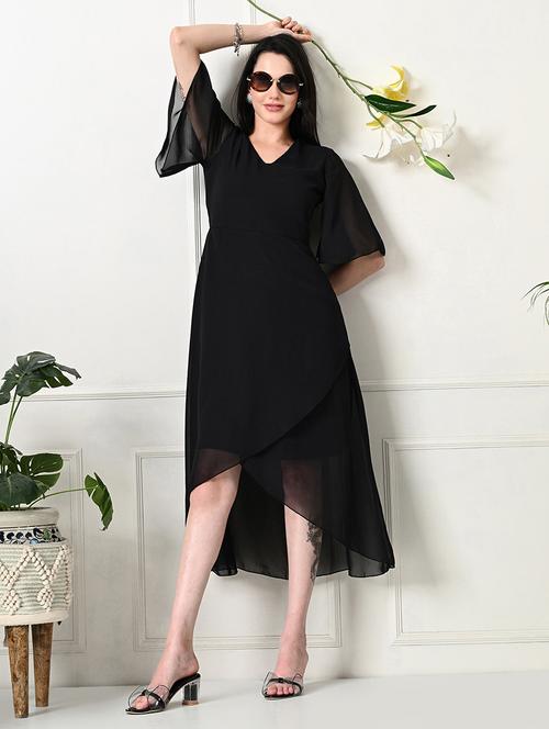 women solid flared sleeve high low dress - 21636531 -  Standard Image - 0