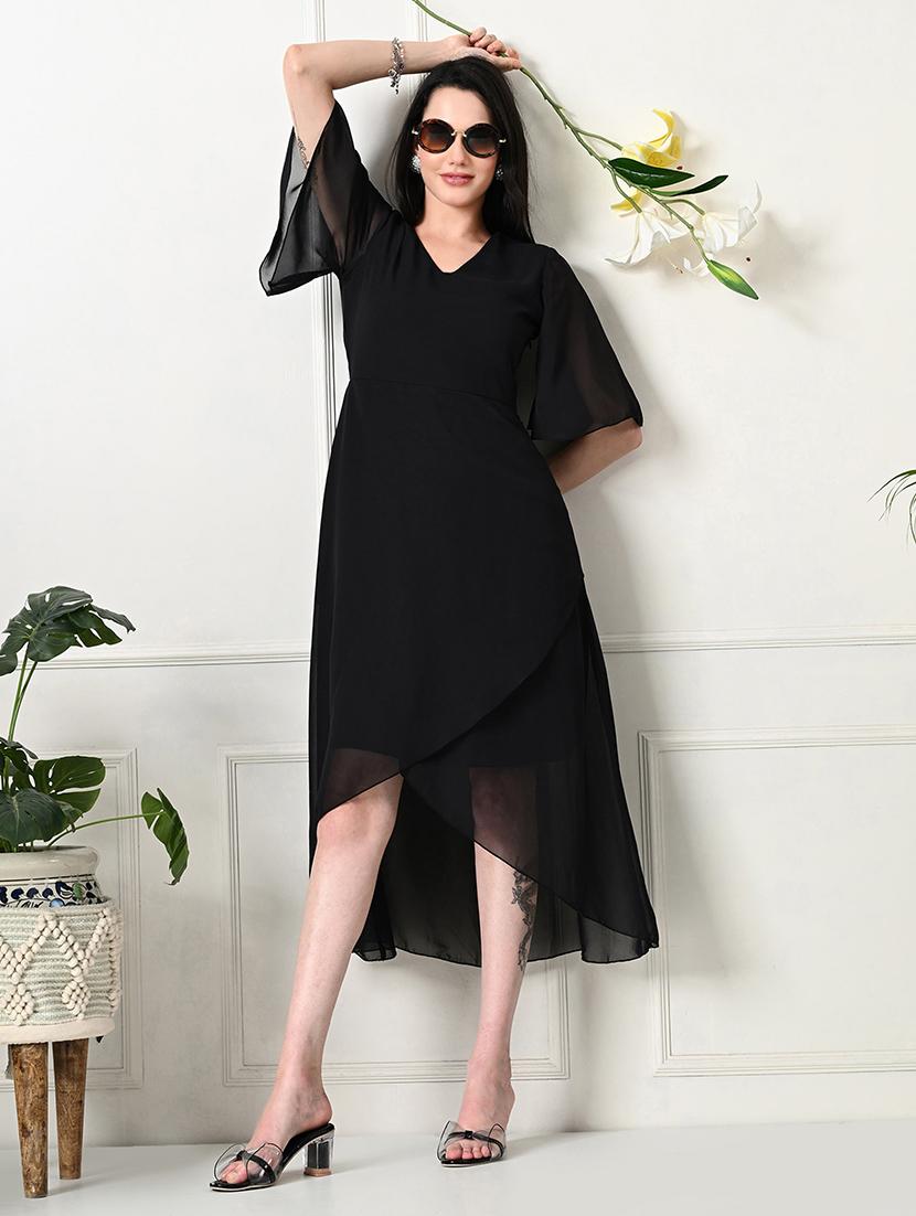 women solid flared sleeve high low dress - 21636531 -  Zoom Image - 0