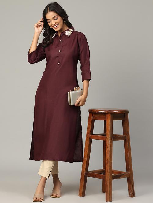 women embroidered three quarter sleeve straight kurta - 21636594 - Standard Image - 0