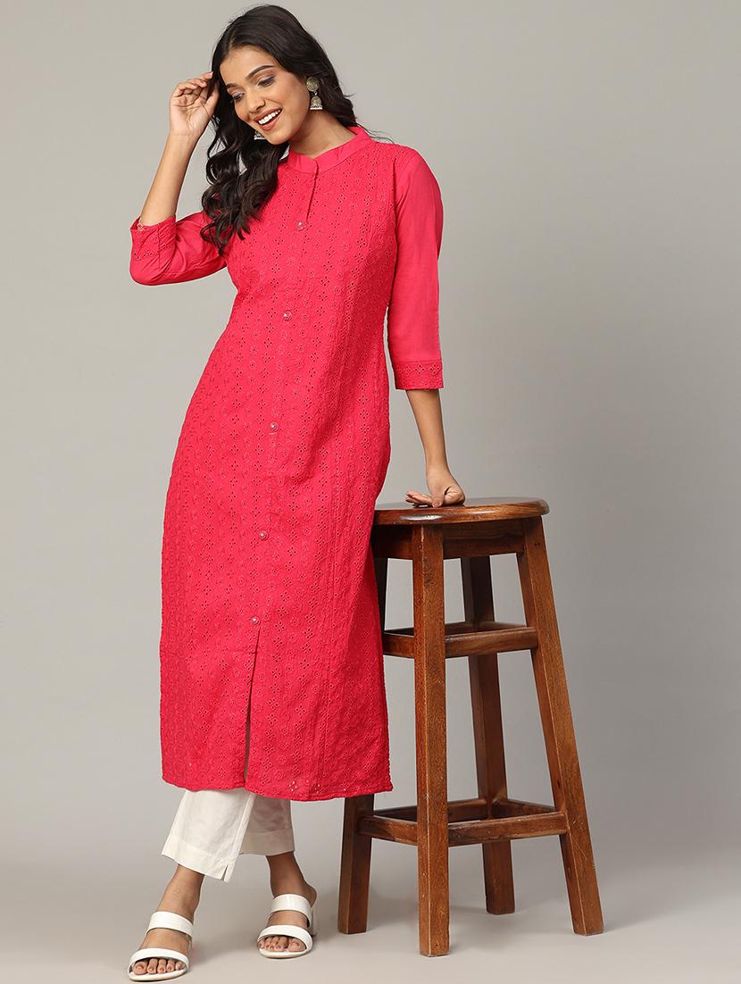 women embroidered three quarter sleeve straight kurta - 21636595 -  Zoom Image - 0