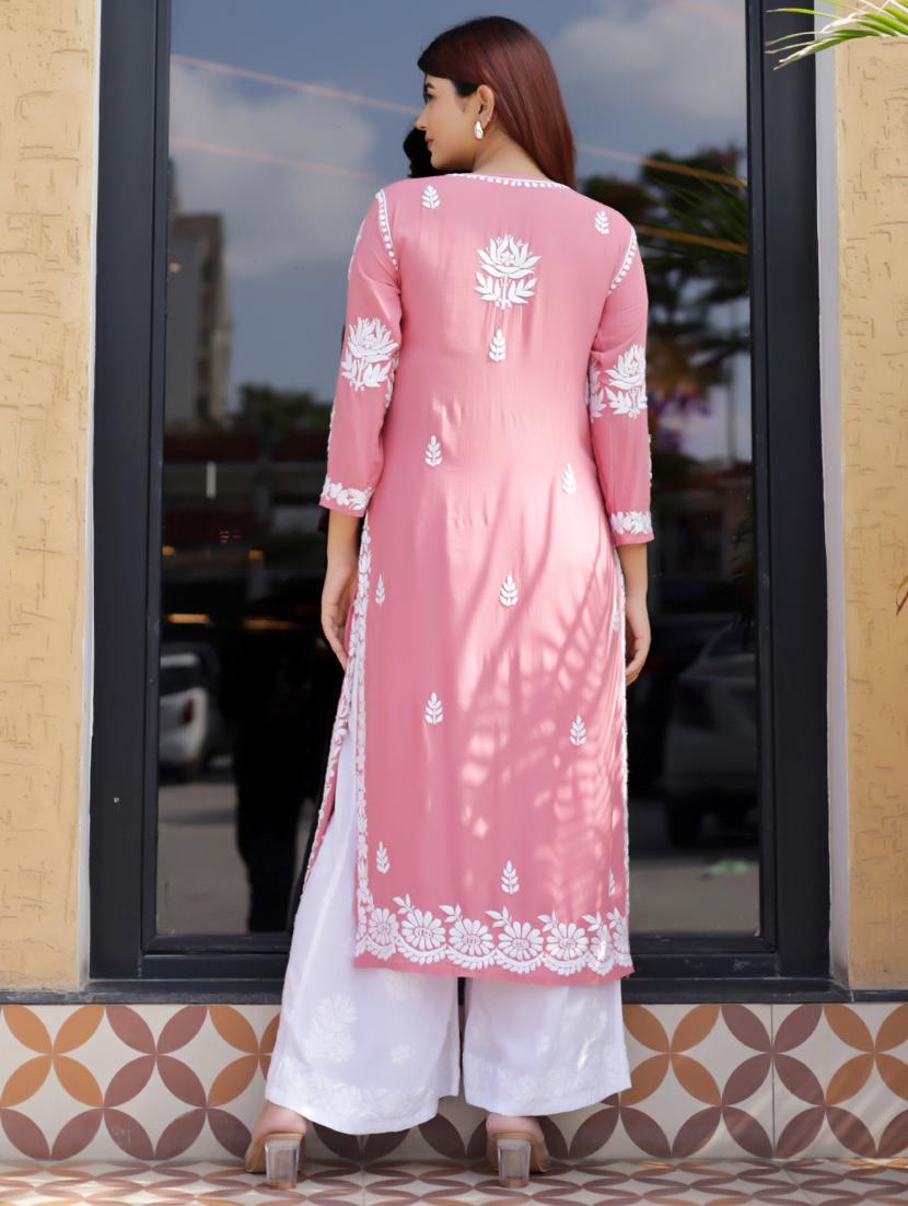 women three quarter sleeve straight chikankari kurta - 21636946 - Standard Image - 2
