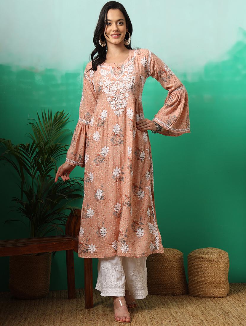 women printed bell sleeve a-line chikankari kurta - 21636951 - Zoom Image - 0