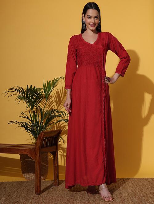 women red long sleeve angrakha chikankari kurta - 21637024 - Standard Image - 0