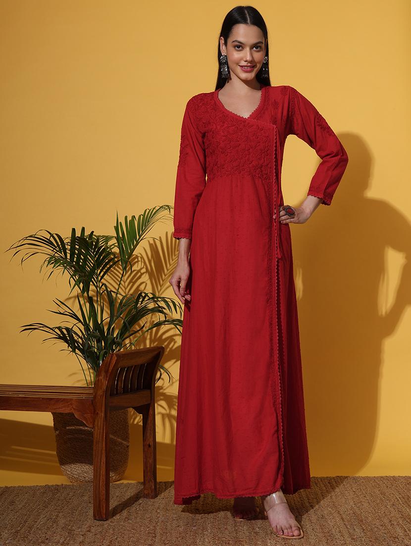 women red long sleeve angrakha chikankari kurta - 21637024 - Zoom Image - 0