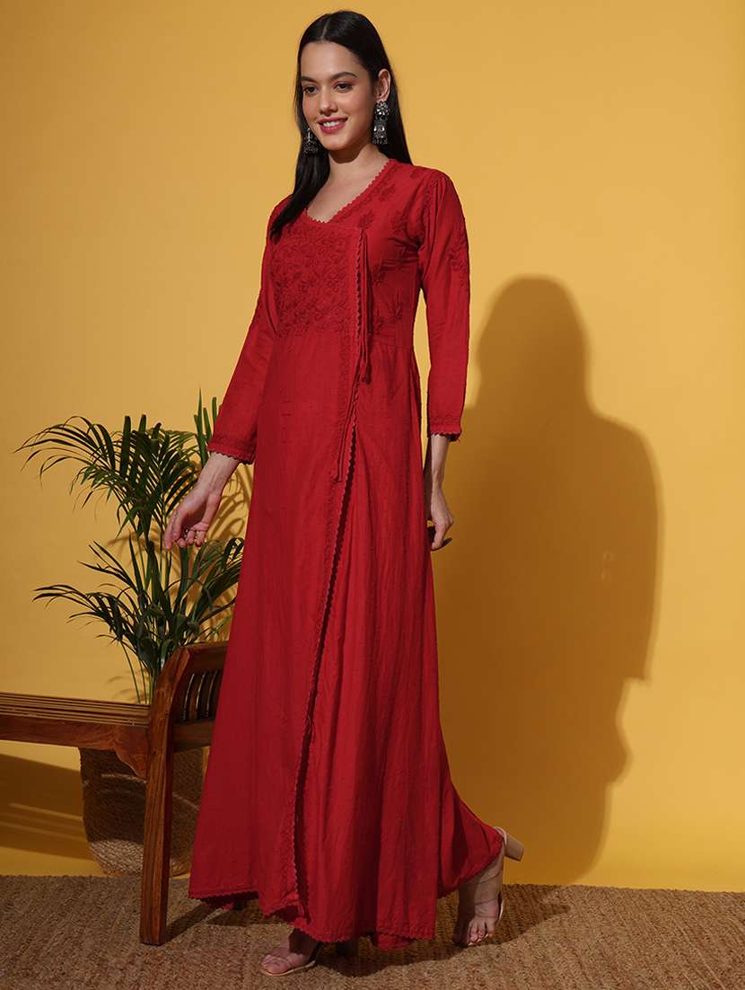 Women Red Long Sleeve Angrakha Chikankari Kurta