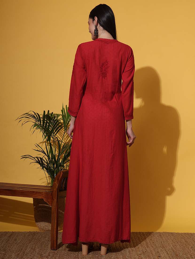 Women Red Long Sleeve Angrakha Chikankari Kurta