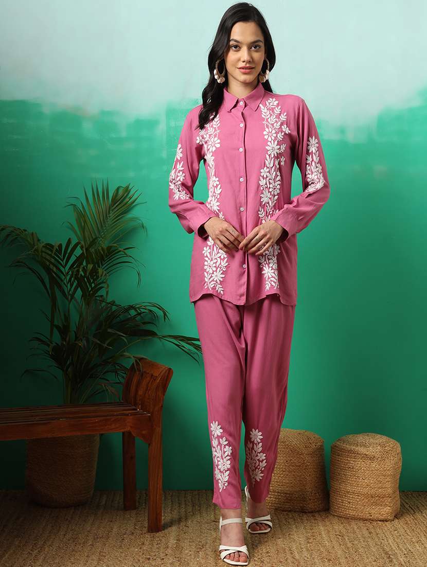 women chikankari long sleeve co-ord sets
