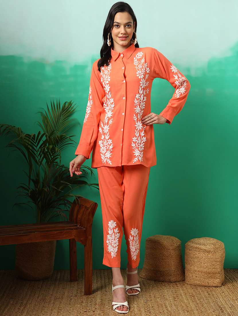 women chikankari long sleeve co-ord sets