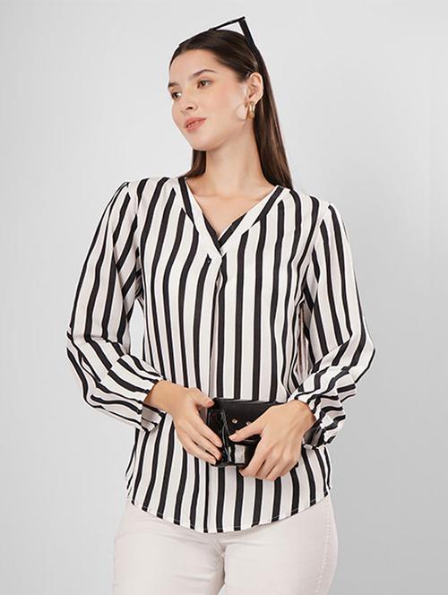 women v-neck striped regular top - 21638115 - Standard Image - 0