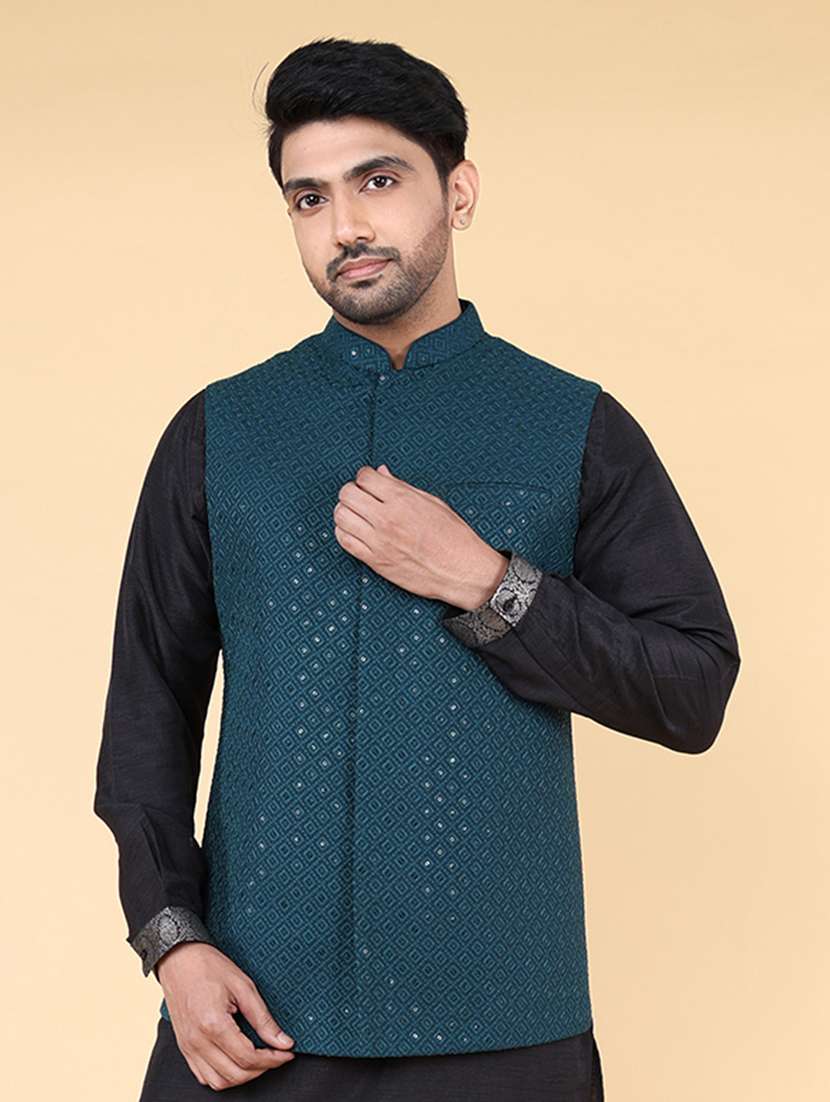 men mandarin neck embroidered nehru jacket