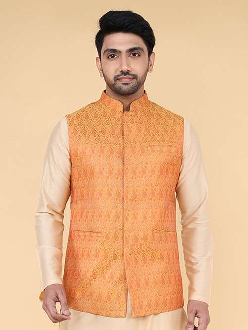 men mandarin neck self design nehru jacket - 21638287 - Standard Image - 0