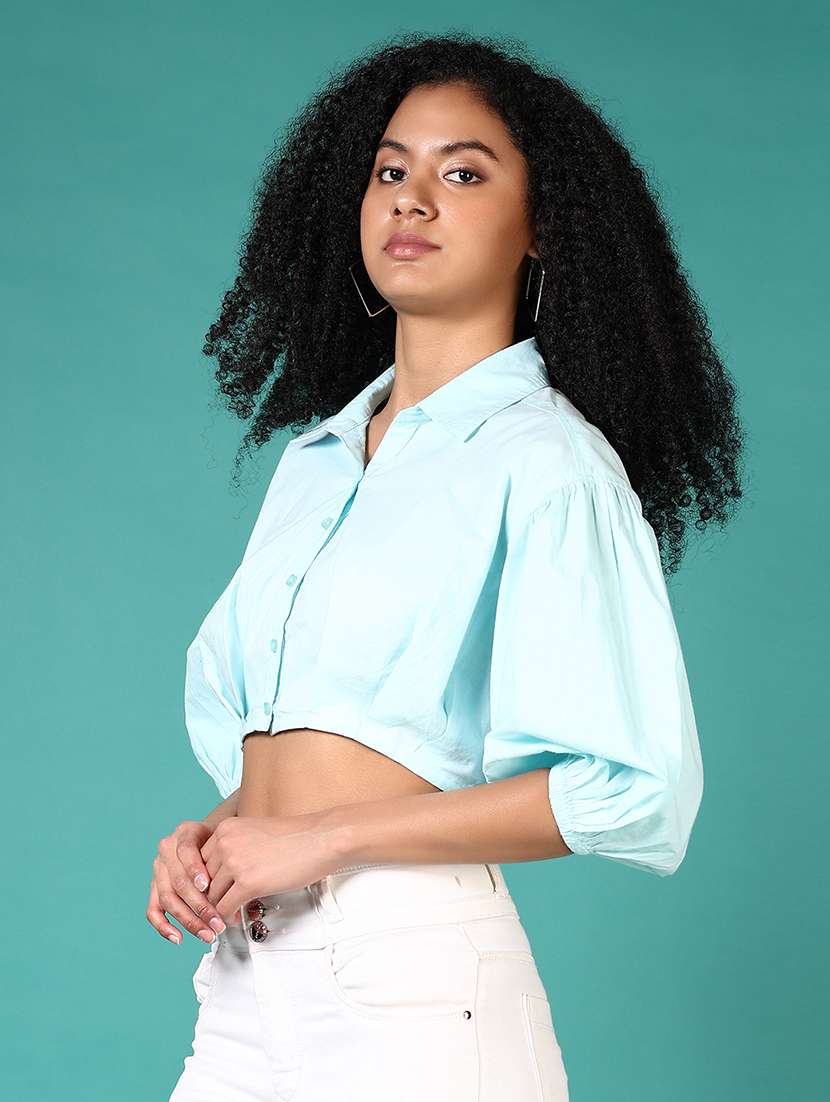 women solid puff sleeve crop top - 21638368 -  Standard Image - 2