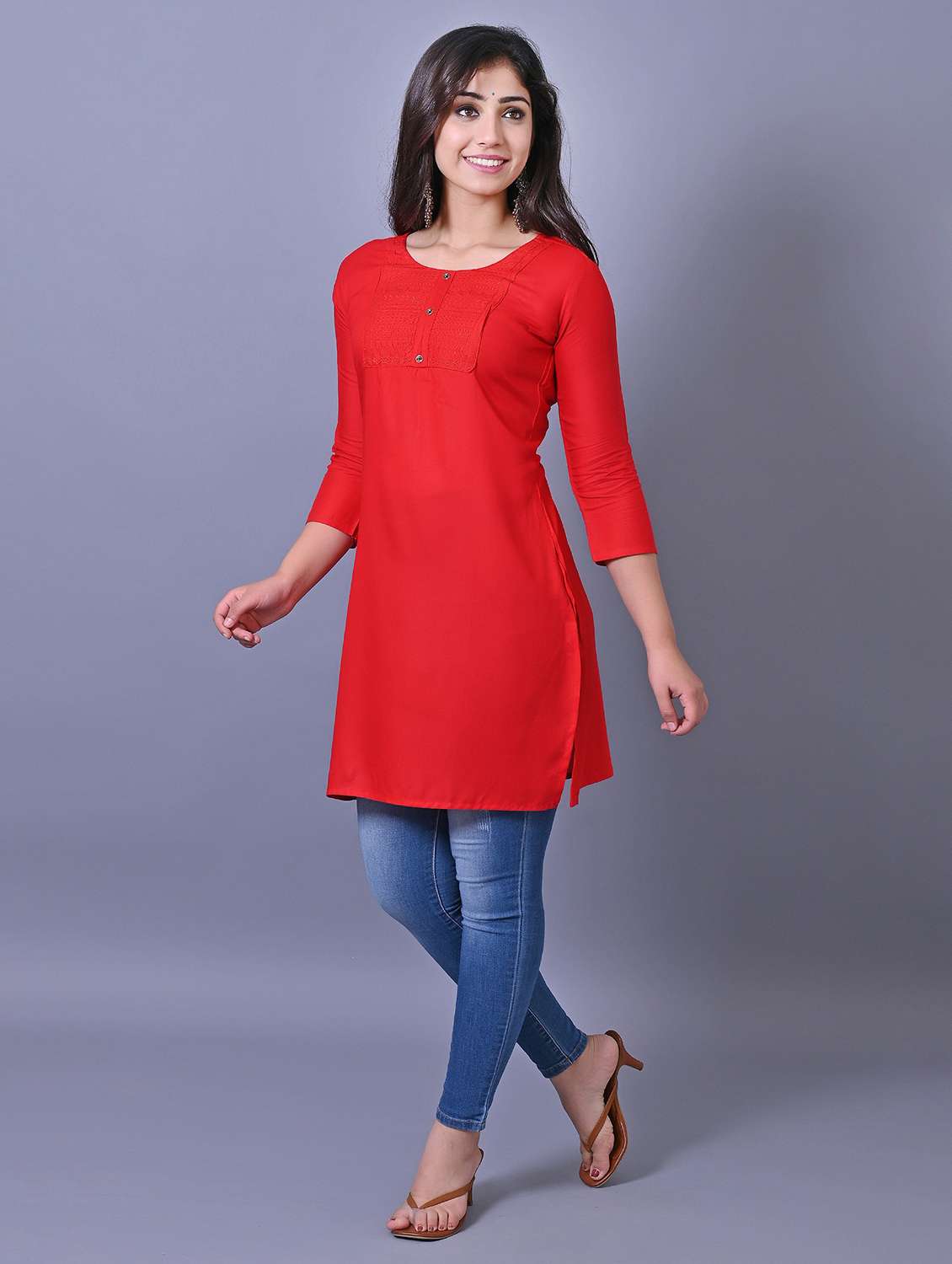 women solid three quarter sleeve side slit tunic - 21638481 - Standard Image - 2
