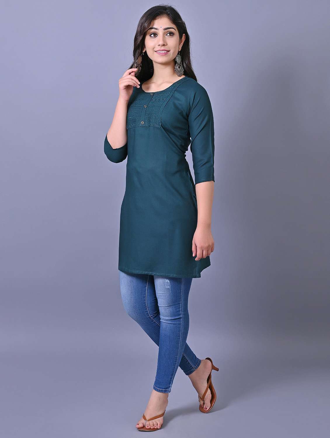 women solid three quarter sleeve side slit tunic - 21638491 - Standard Image - 2