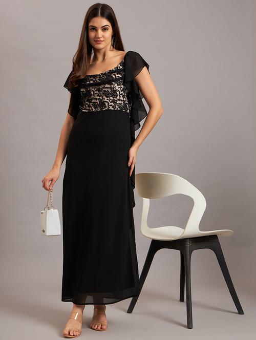women boat neck lace detailed fit & flare dress - 21638527 - Standard Image - 0