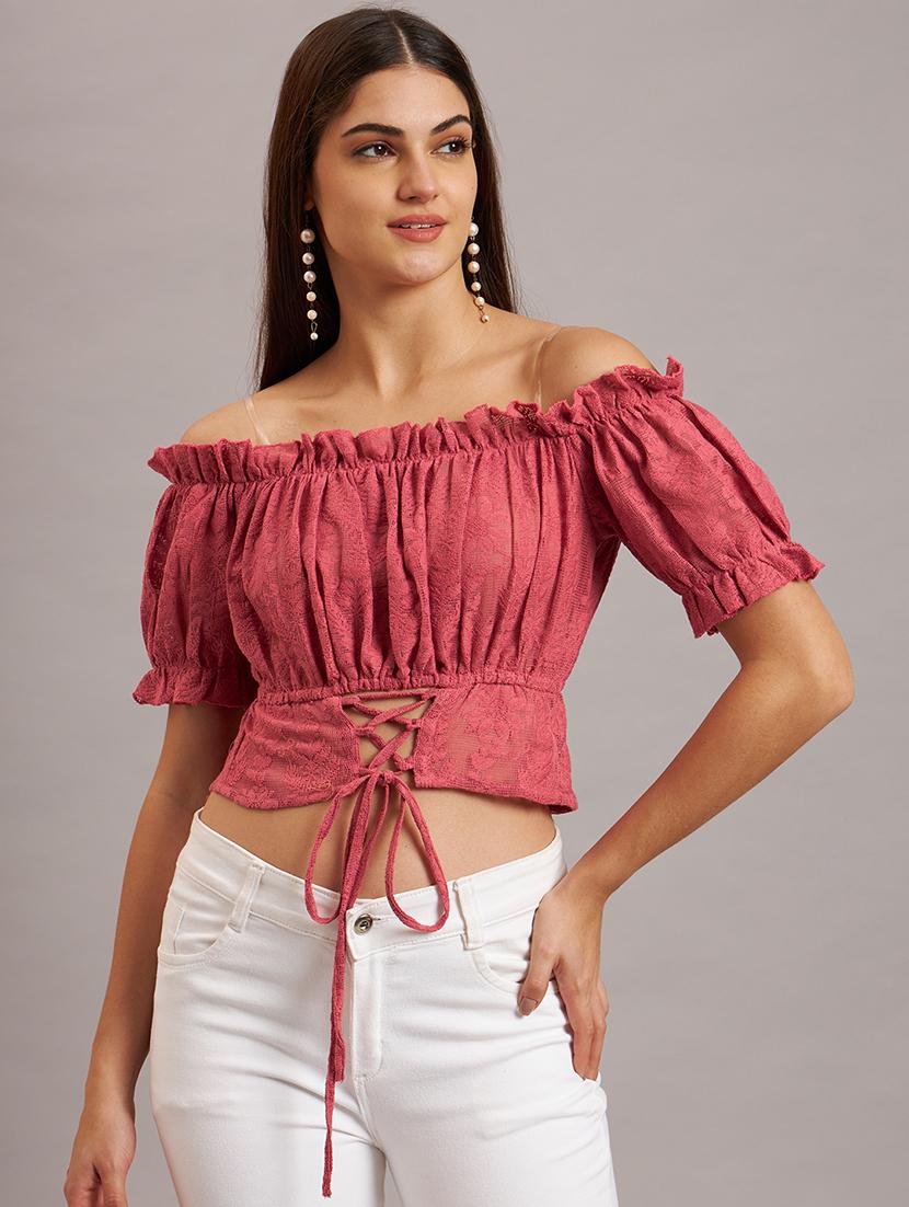 women self design off shoulder crop top - 21638532 - Zoom Image - 0