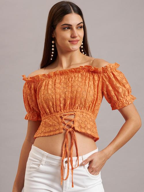 women self design off shoulder crop top - 21638533 - Standard Image - 0