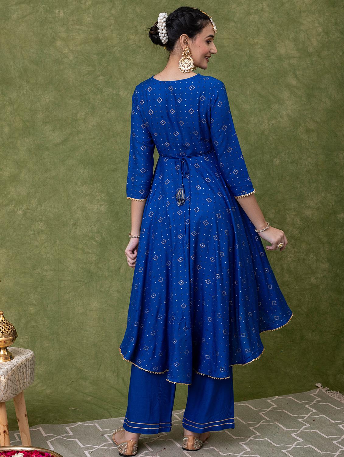 women blue printed three quarter sleeve suit set - 21638548 - Standard Image - 2