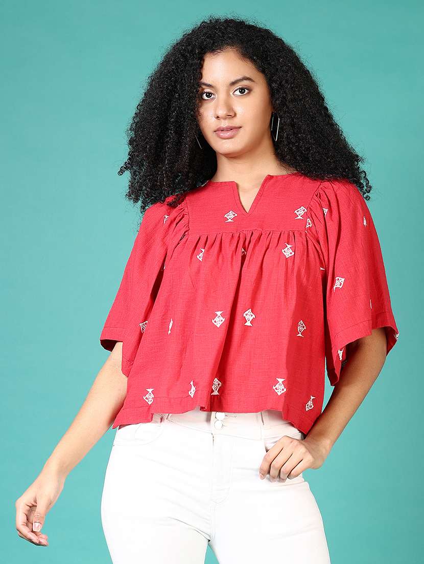 women embroidered notch neck top