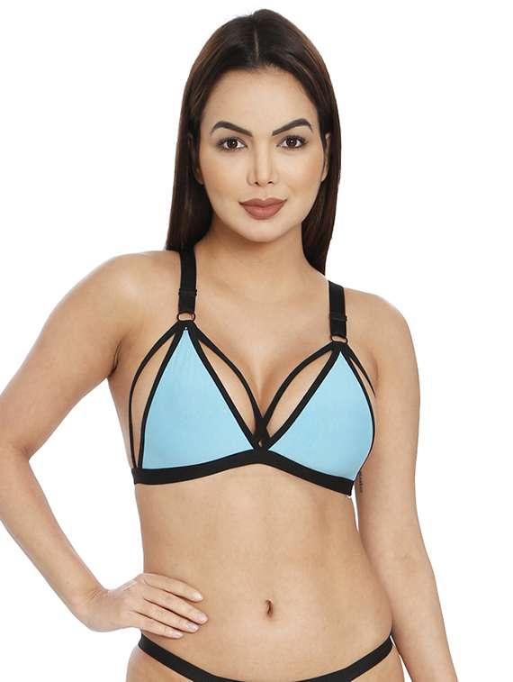 women solid light blue cotton blend bralette 