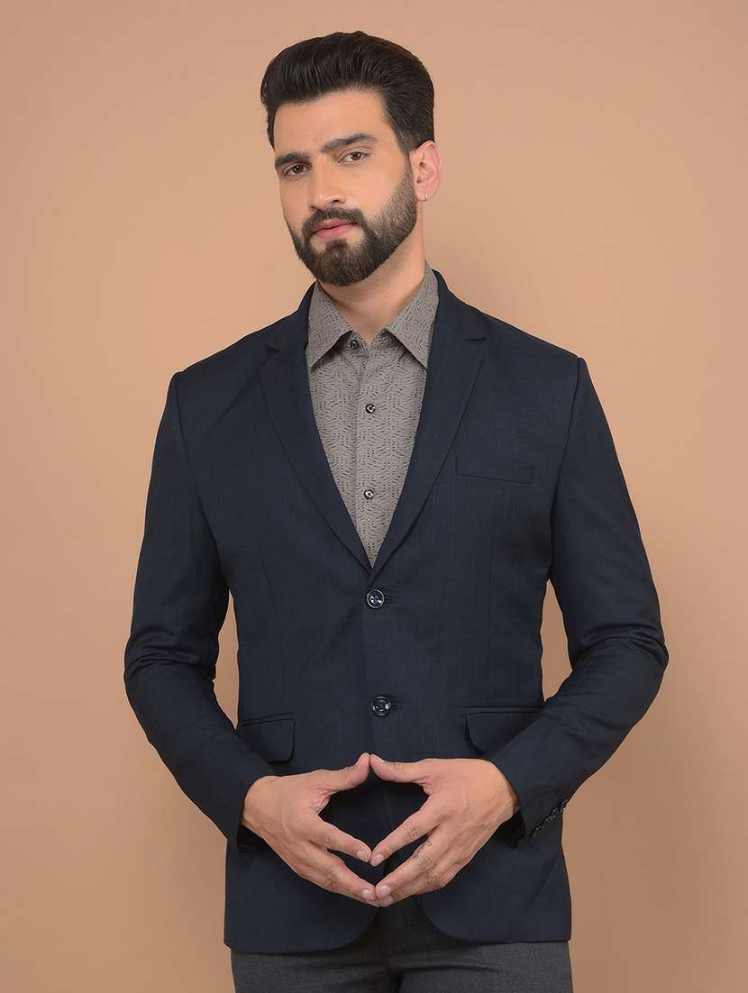 men navy blue single breasted casual blazer