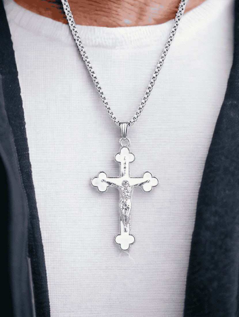 men saint praying jesus cross pendant with chain - 21639158 -  Standard Image - 2