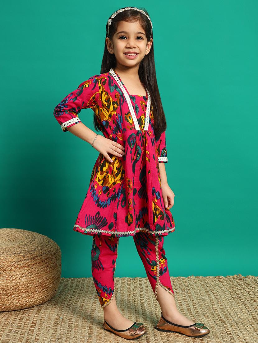 girls printed v neck dhoti kurta set - 21639738 - Standard Image - 2