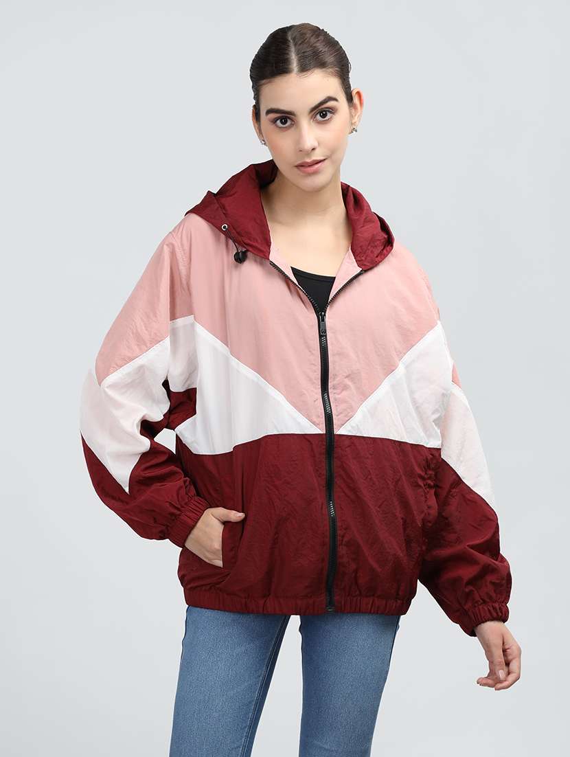 women oversized color block hood neck jacket