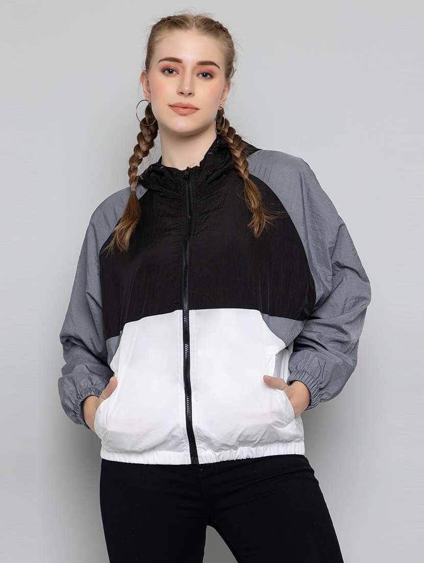 women oversized color block hood neck jacket