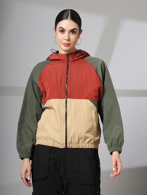women oversized color block hood neck jacket - 21640075 - Standard Image - 0
