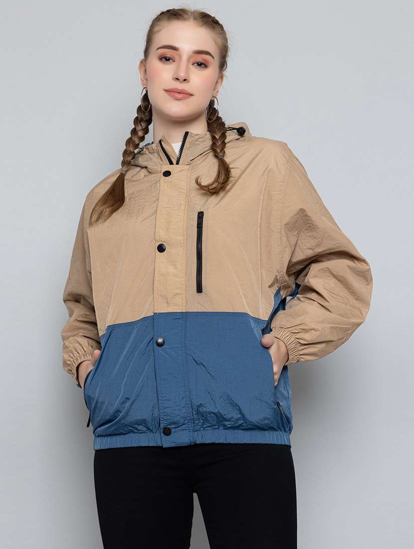 women oversized color block hood neck jacket