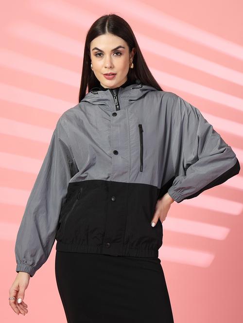 women oversized color block hood neck jacket - 21640077 - Standard Image - 0
