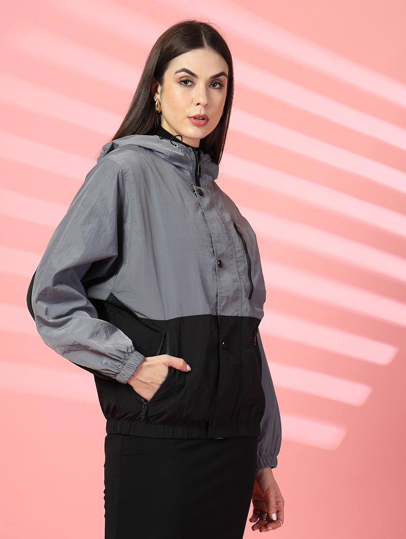 women oversized color block hood neck jacket - 21640077 - Standard Image - 2