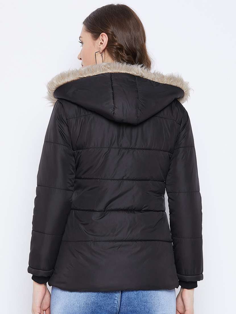 women plain hood neck & long sleeve quilted jacket - 21640825 -  Standard Image - 2
