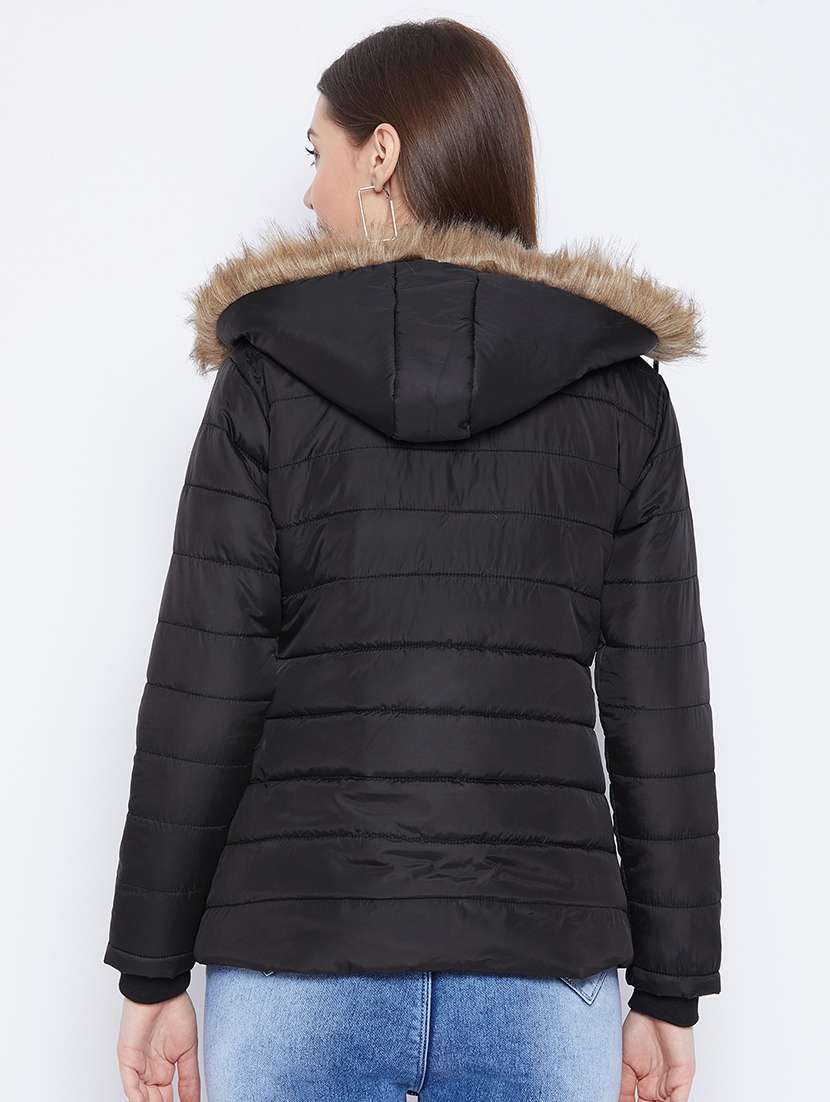 women plain hood neck & long sleeve quilted jacket - 21640831 -  Standard Image - 2