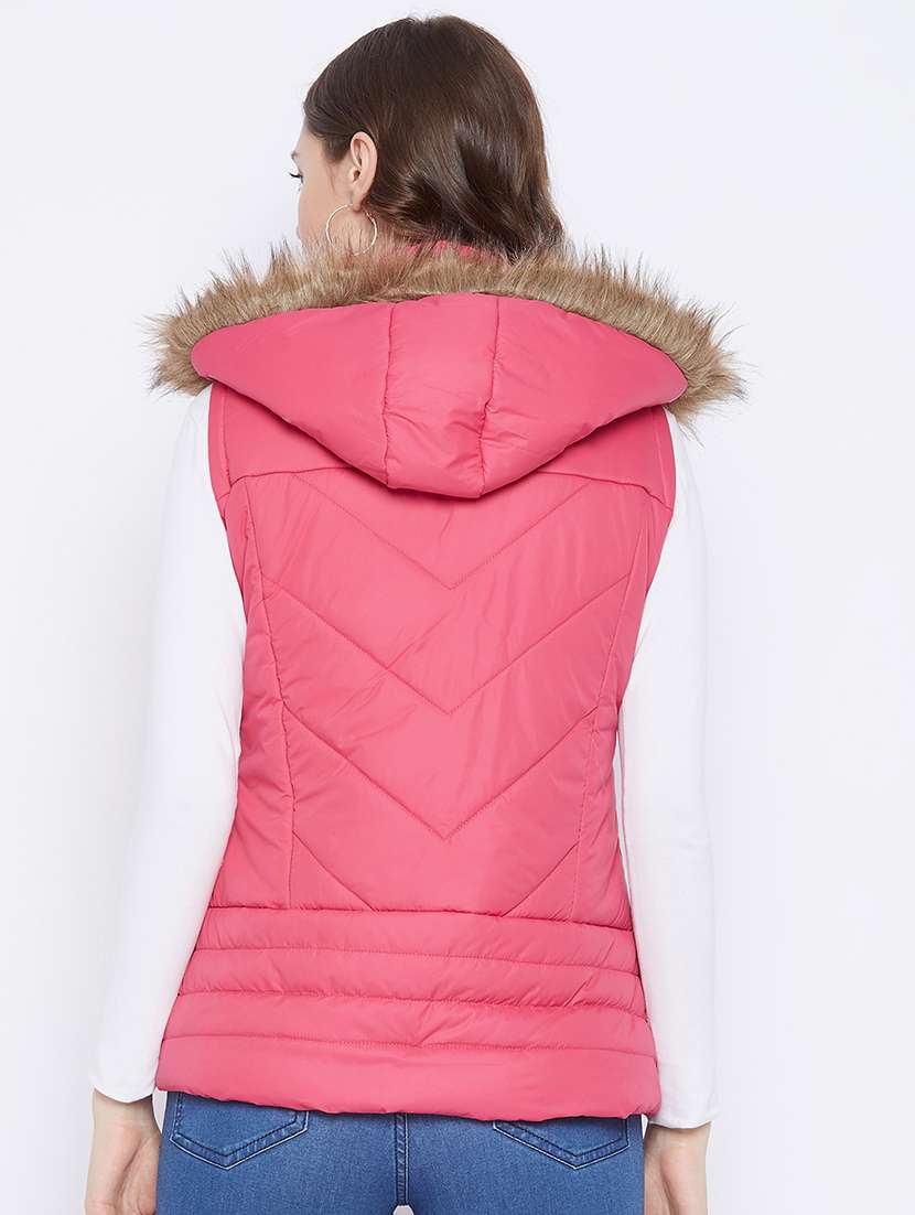 women plain hood neck & sleeveless quilted jacket - 21640858 -  Standard Image - 2