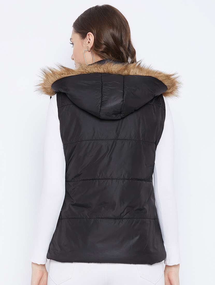 women plain hood neck & sleeveless quilted jacket - 21640859 -  Standard Image - 2