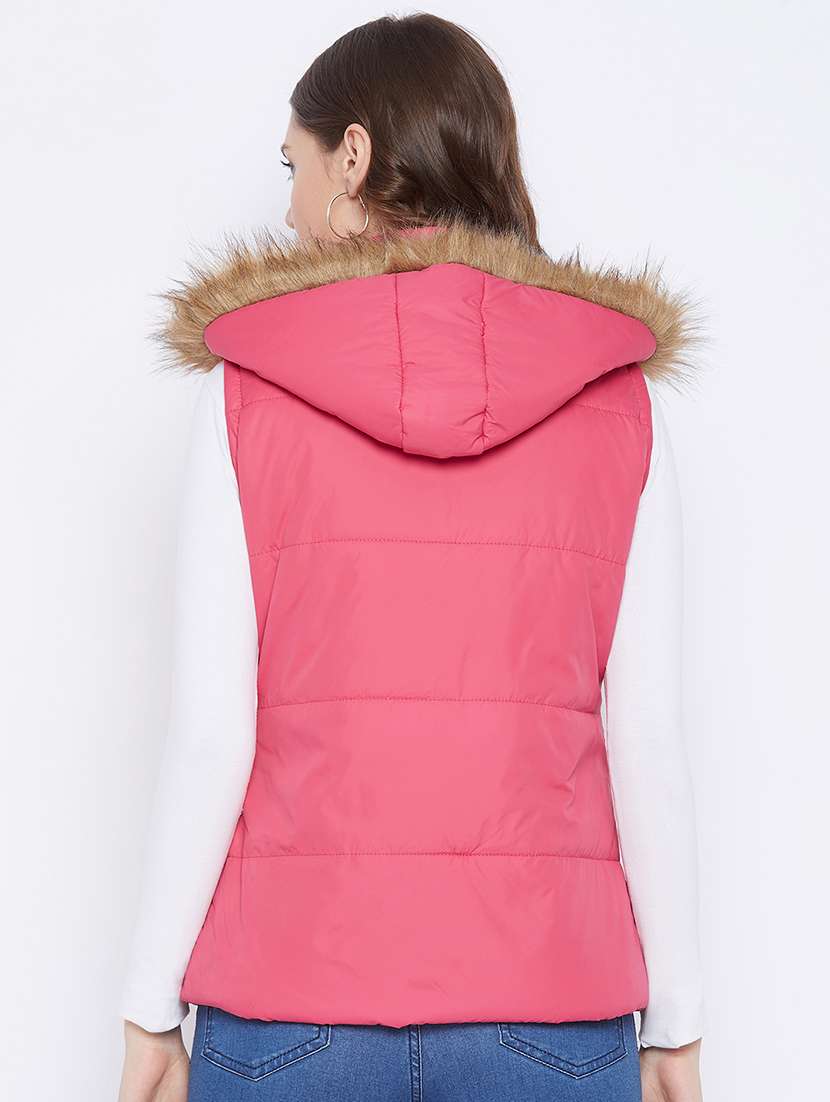 women plain hood neck & sleeveless quilted jacket - 21640862 -  Standard Image - 2