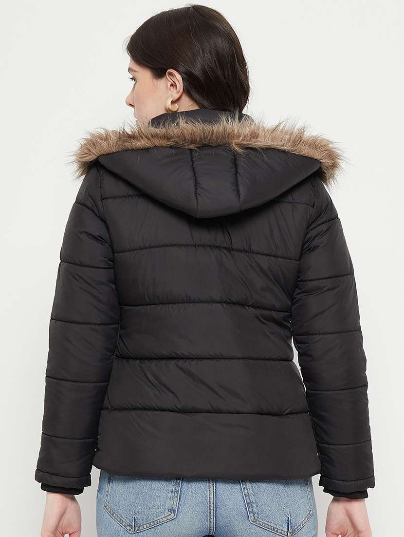 women plain hood neck & long sleeve quilted jacket - 21640863 -  Standard Image - 2