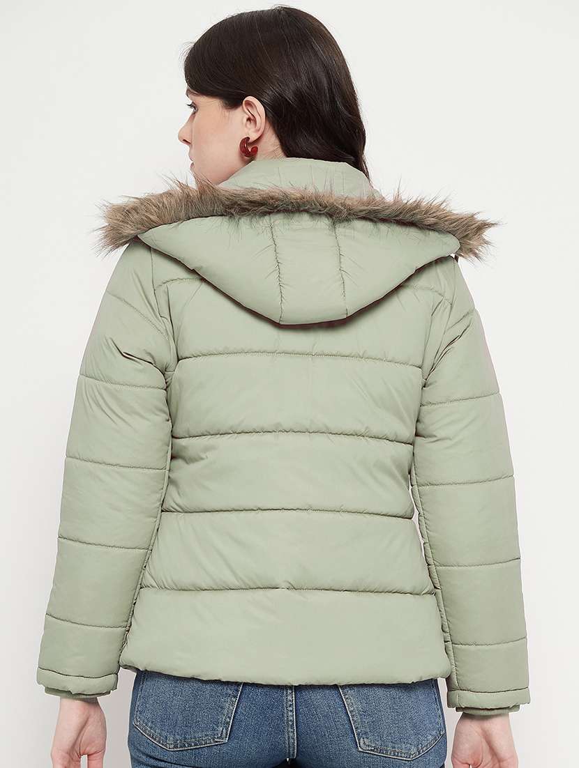 women plain hood neck & long sleeve quilted jacket - 21640868 -  Standard Image - 2