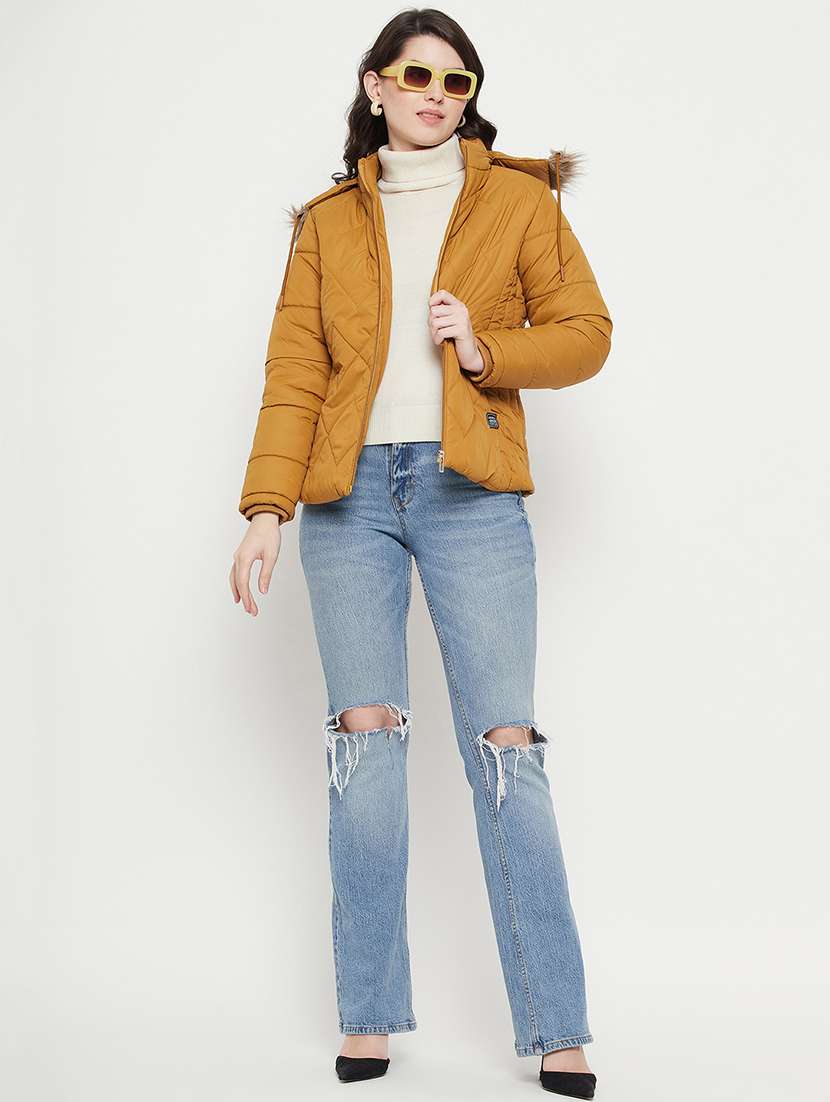 women plain hood neck & long sleeve quilted jacket - 21640872 -  Standard Image - 2